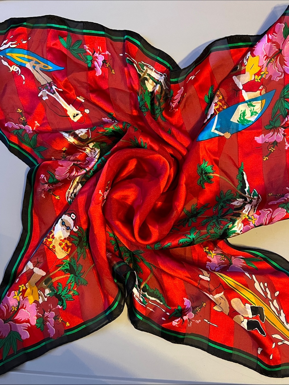 Vintage Floral Square Scarf with Santa Surfing Christmas Silk Elaine Gold.